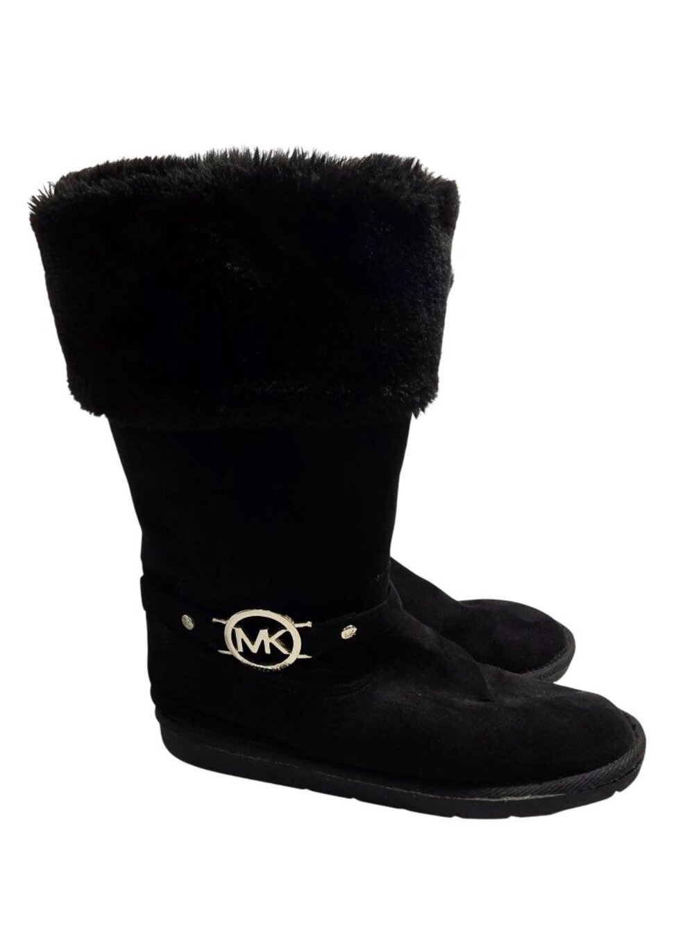 Michael Kors Black Suede Fur Winter Boots With Signature Mk Logo Accent